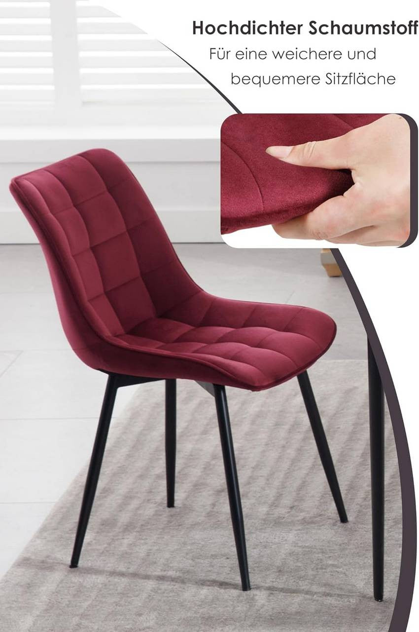 24goodz Set of 2 Dining Chairs with Backrest - Ergonomic Design - Durable Metal Legs - Velvet - For Home Use - Bordeaux - bd