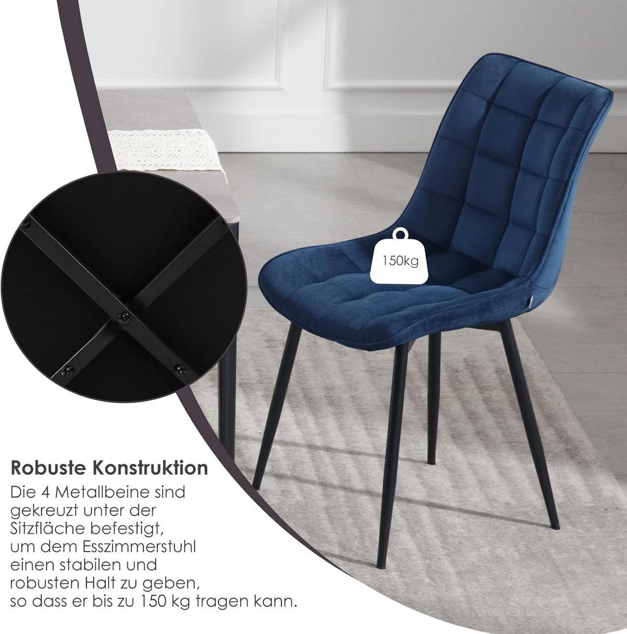 24goodz Set of 2 Dining Chairs with Backrest - Ergonomic Comfort - Velvet and Metal - For Home Use - Blue