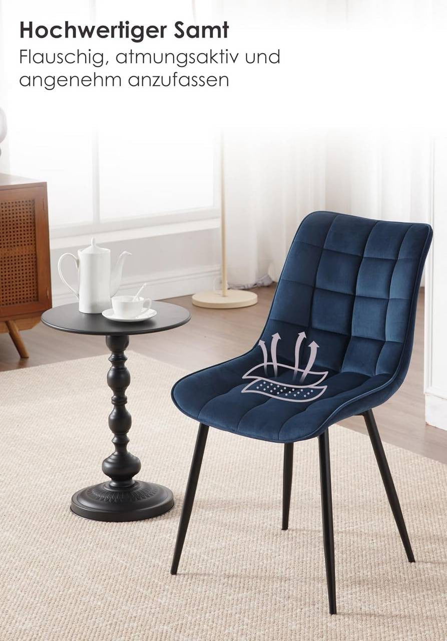 24goodz Set of 2 Dining Chairs with Backrest - Ergonomic Comfort - Velvet and Metal - For Home Use - Blue