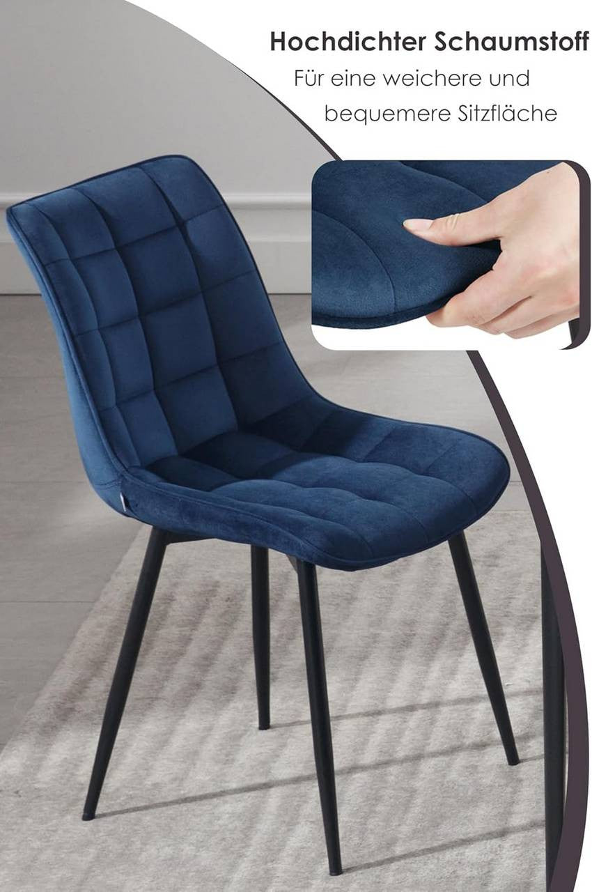 24goodz Set of 2 Dining Chairs with Backrest - Ergonomic Comfort - Velvet and Metal - For Home Use - Blue