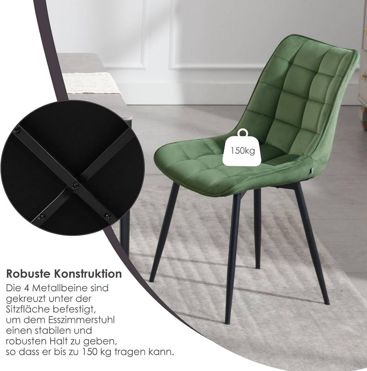 24goodz Dining Chair Set of 2 - Ergonomic Comfort - Sturdy Metal Legs - Velvet - For Home Use - Dark Green - dgn