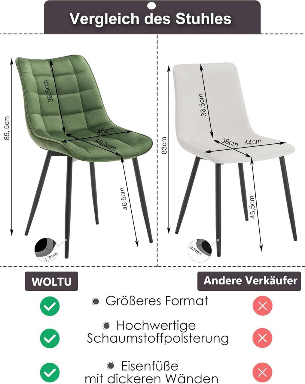 24goodz Dining Chair Set of 2 - Ergonomic Comfort - Sturdy Metal Legs - Velvet - For Home Use - Dark Green - dgn