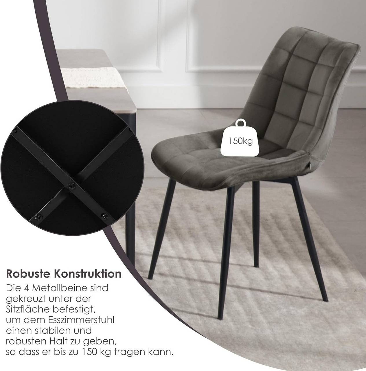 24goodz Dining Chair Set of 2 - Ergonomically Designed for Comfort - Durable Velvet and Metal - Dark Grey - dgr