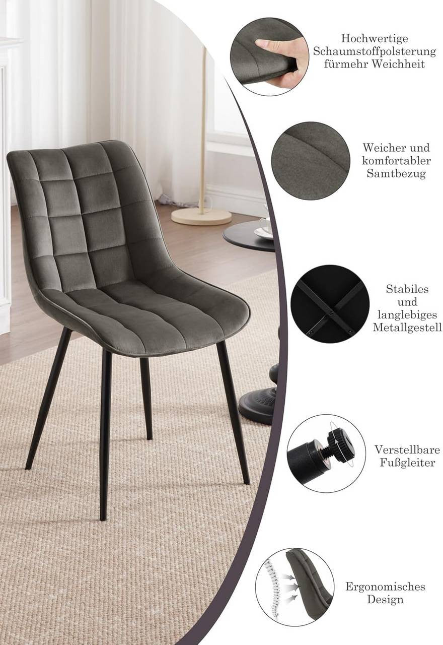 24goodz Dining Chair Set of 2 - Ergonomically Designed for Comfort - Durable Velvet and Metal - Dark Grey - dgr