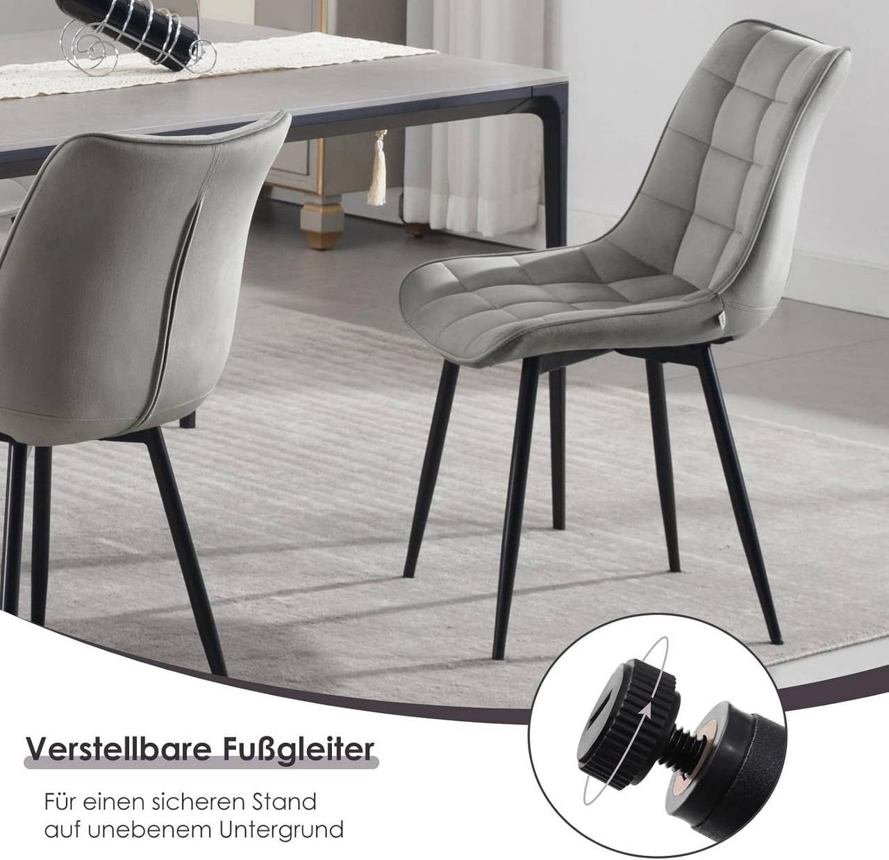 24goodz Dining Chair Set of 2 - Ergonomic Comfort - Sturdy Metal Legs - Velvet - For Every Room - Light Grey - hgr
