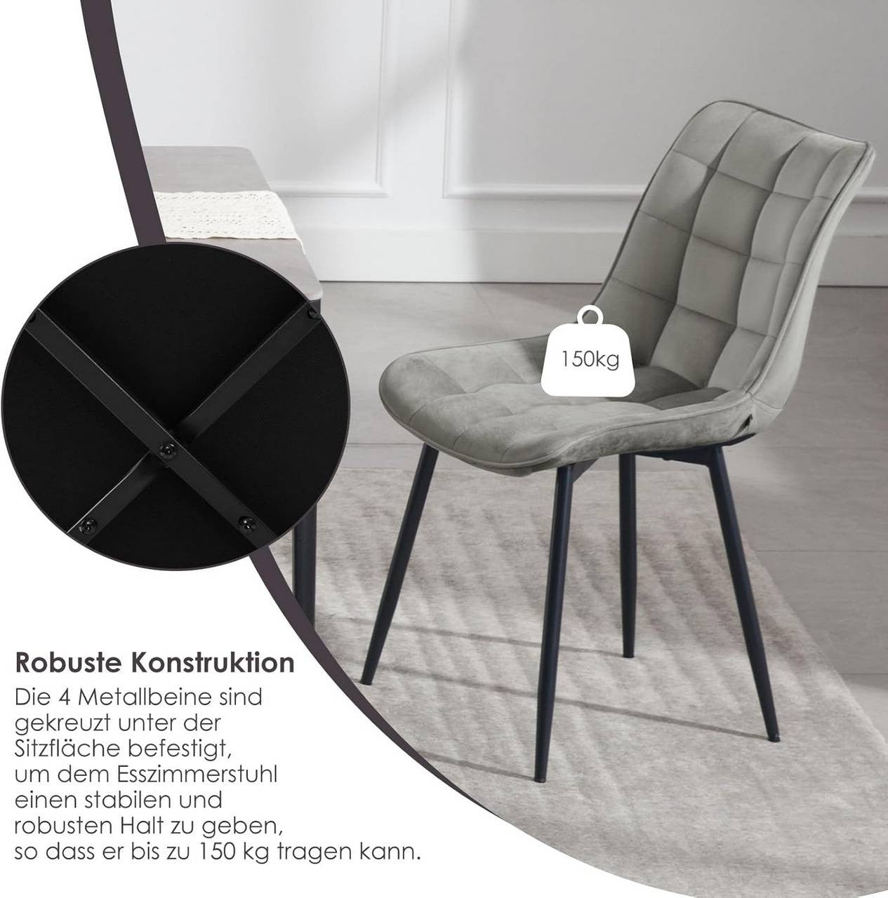 24goodz Dining Chair Set of 2 - Ergonomic Comfort - Sturdy Metal Legs - Velvet - For Every Room - Light Grey - hgr