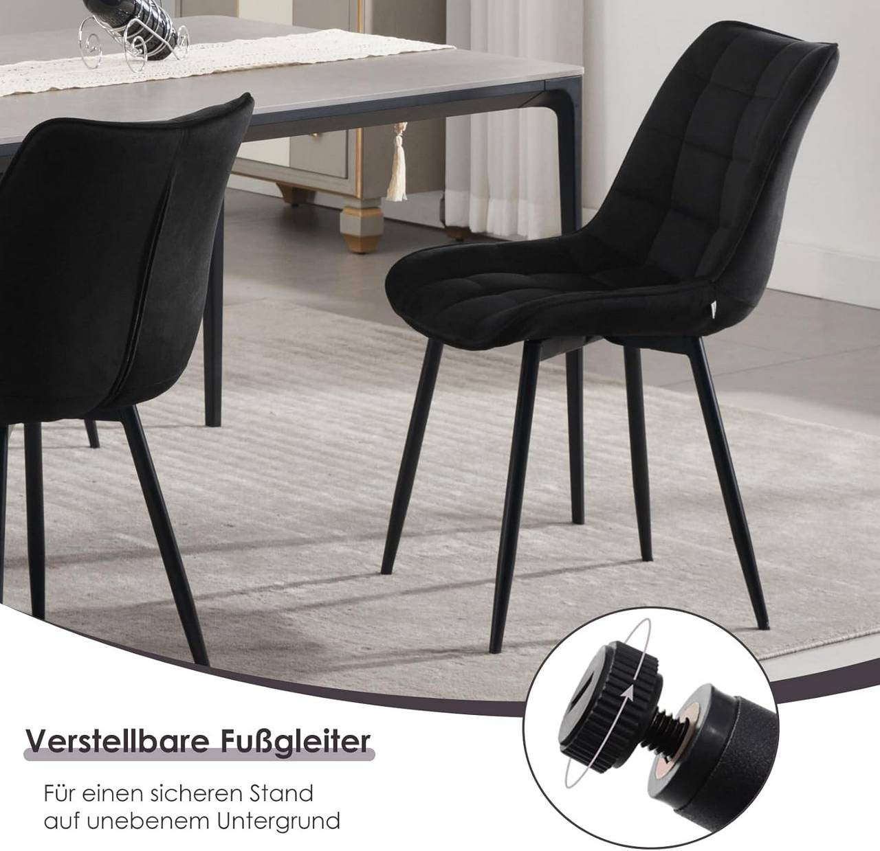 24goodz Set of 2 Dining Chairs with Backrest - Ergonomic Design - Sturdy Metal Legs - Velvet - For Home Use - Black - sz