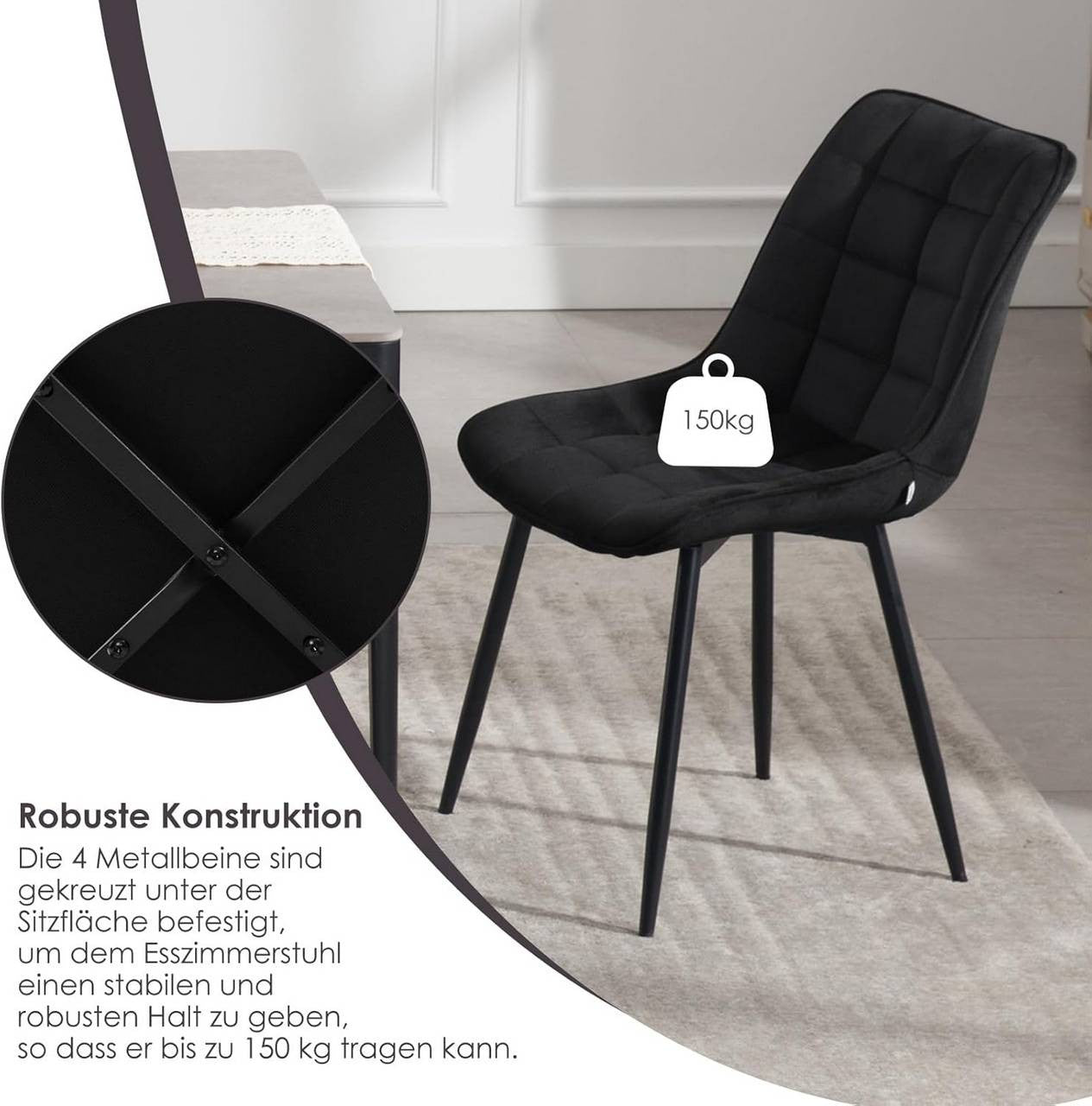 24goodz Set of 2 Dining Chairs with Backrest - Ergonomic Design - Sturdy Metal Legs - Velvet - For Home Use - Black - sz