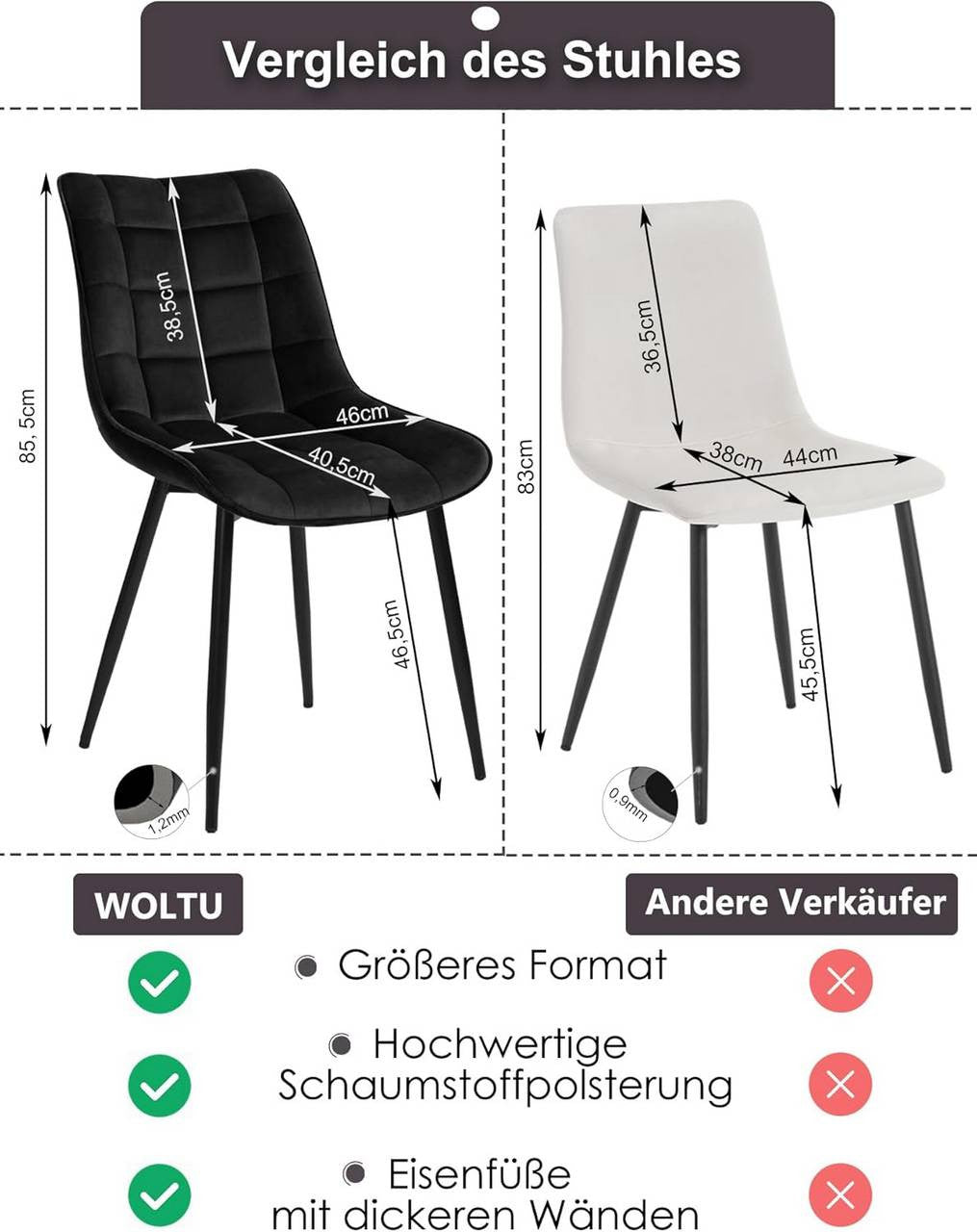 24goodz Set of 2 Dining Chairs with Backrest - Ergonomic Design - Sturdy Metal Legs - Velvet - For Home Use - Black - sz
