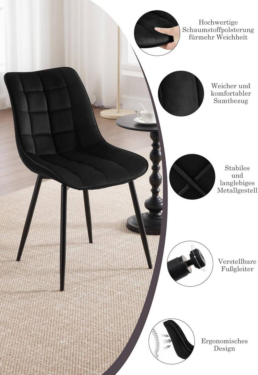 24goodz Set of 2 Dining Chairs with Backrest - Ergonomic Design - Sturdy Metal Legs - Velvet - For Home Use - Black - sz