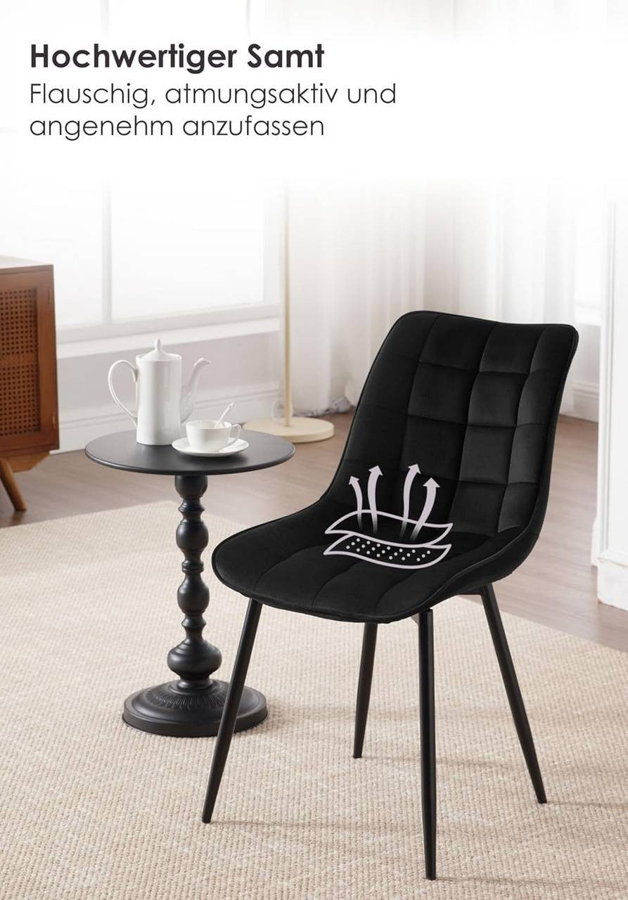 24goodz Set of 2 Dining Chairs with Backrest - Ergonomic Design - Sturdy Metal Legs - Velvet - For Home Use - Black - sz