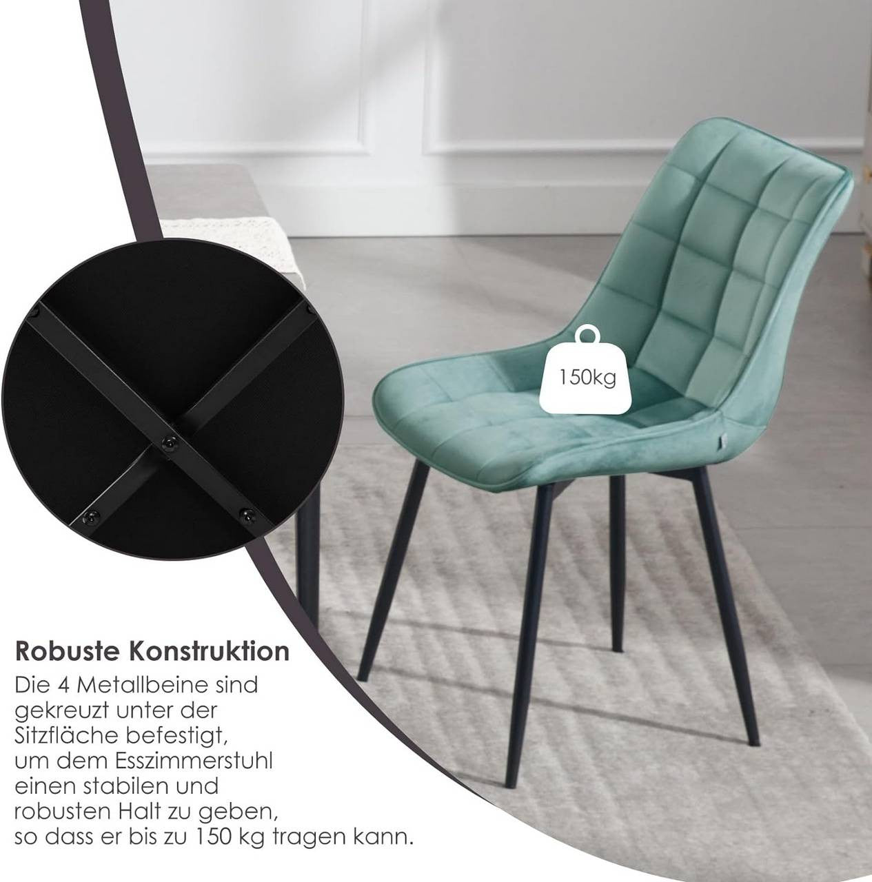 24goodz Set of 2 Dining Chairs with Backrest - Ergonomic Comfort - Velvet and Metal - For Dining and Living Spaces - Dark Grey - ts