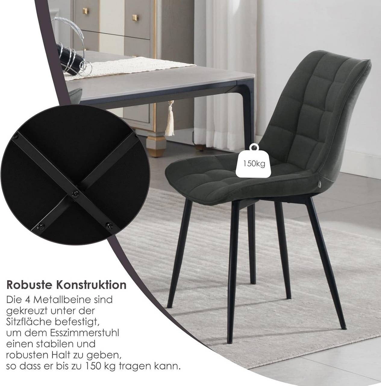 24goodz Dining Chair Set of 4 - Comfortable Cushioned Seating - Ergonomic Design - Leathaire Fabric - Grey - an