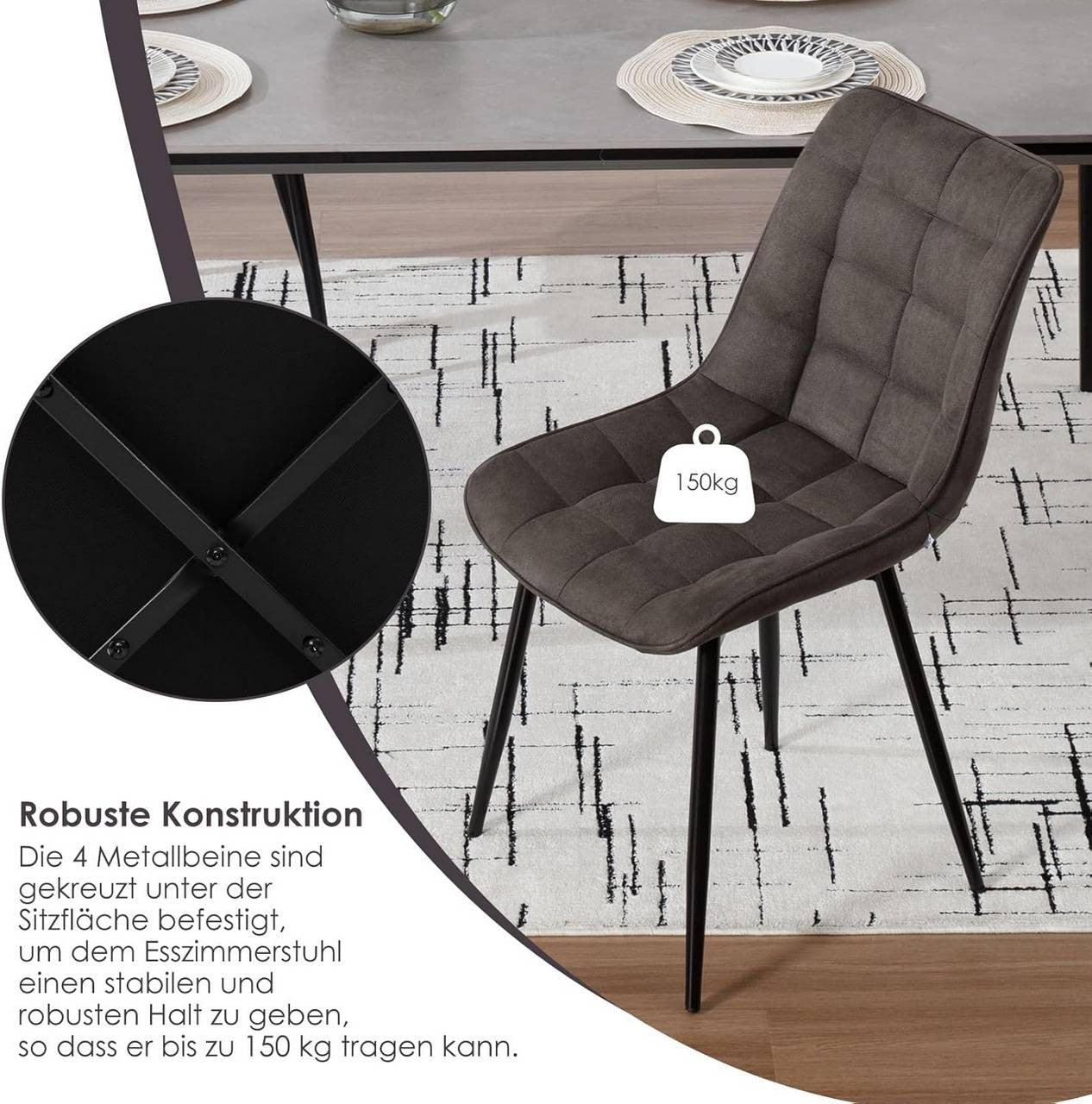 24goodz Dining Chair Set of 2 - Comfortable Upholstered Seat - Robust Metal Frame - Leathaire Fabric - Dark Grey - dgr
