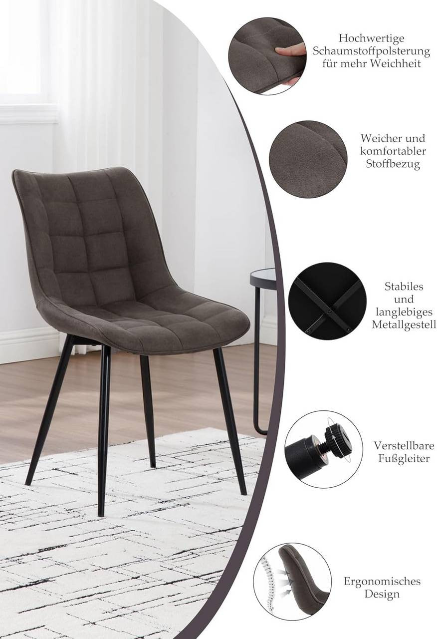 24goodz Dining Chair Set of 2 - Comfortable Upholstered Seat - Robust Metal Frame - Leathaire Fabric - Dark Grey - dgr
