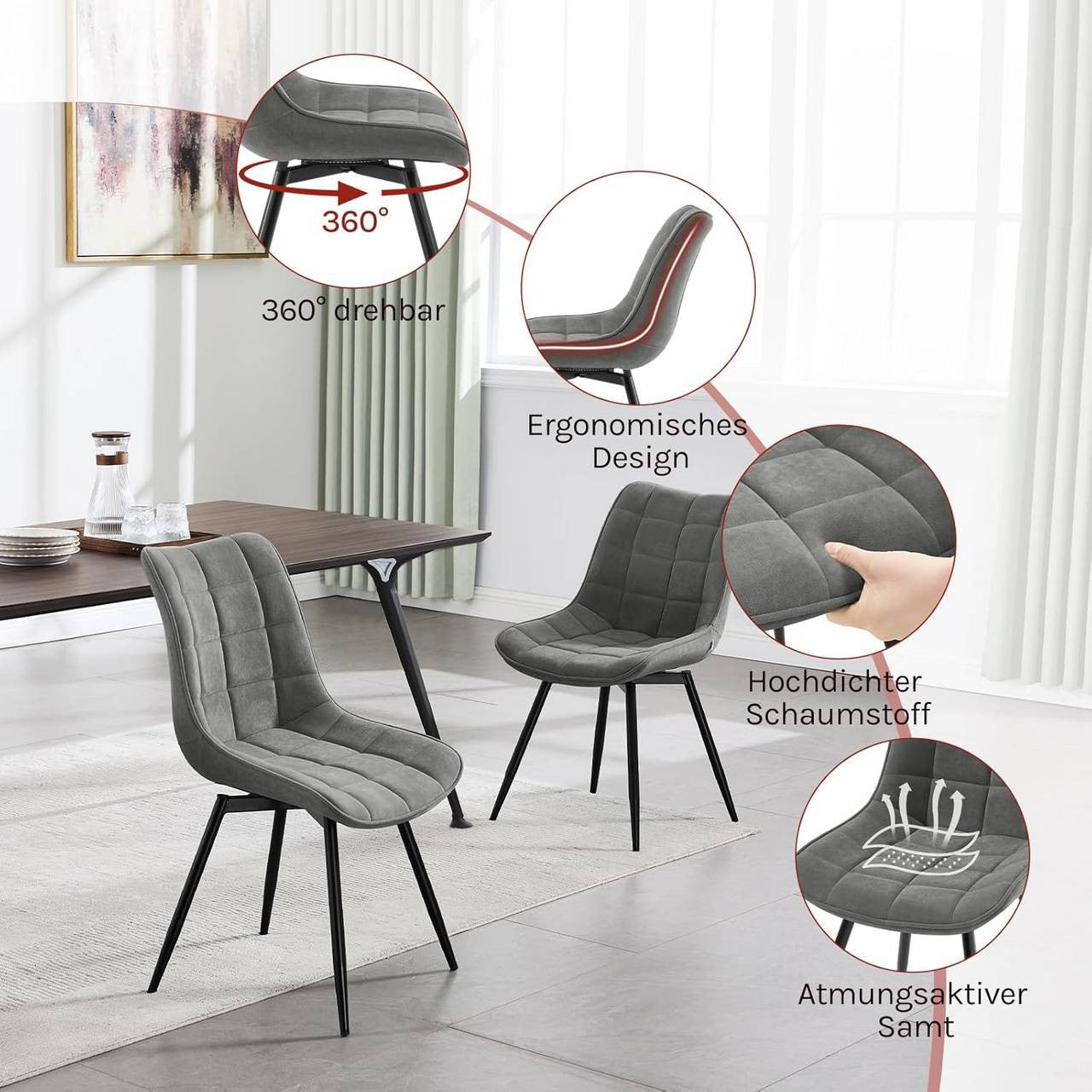 24goodz Swivel Dining Chairs - 360° Rotating Design - Ergonomic Comfort - Velvet and Metal - Dark Grey