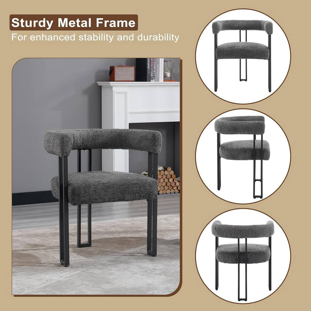 24goodz Dining Chairs with Armrests - Ergonomic Comfort - Chenille and Metal - For Home Use - Dark Grey