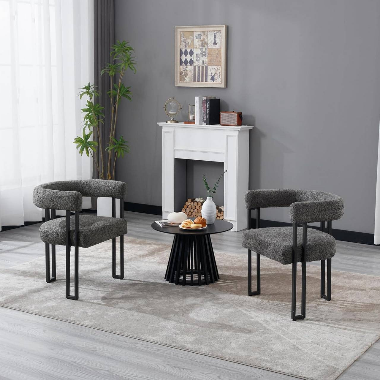 24goodz Dining Chairs with Armrests - Ergonomic Comfort - Chenille and Metal - For Home Use - Dark Grey