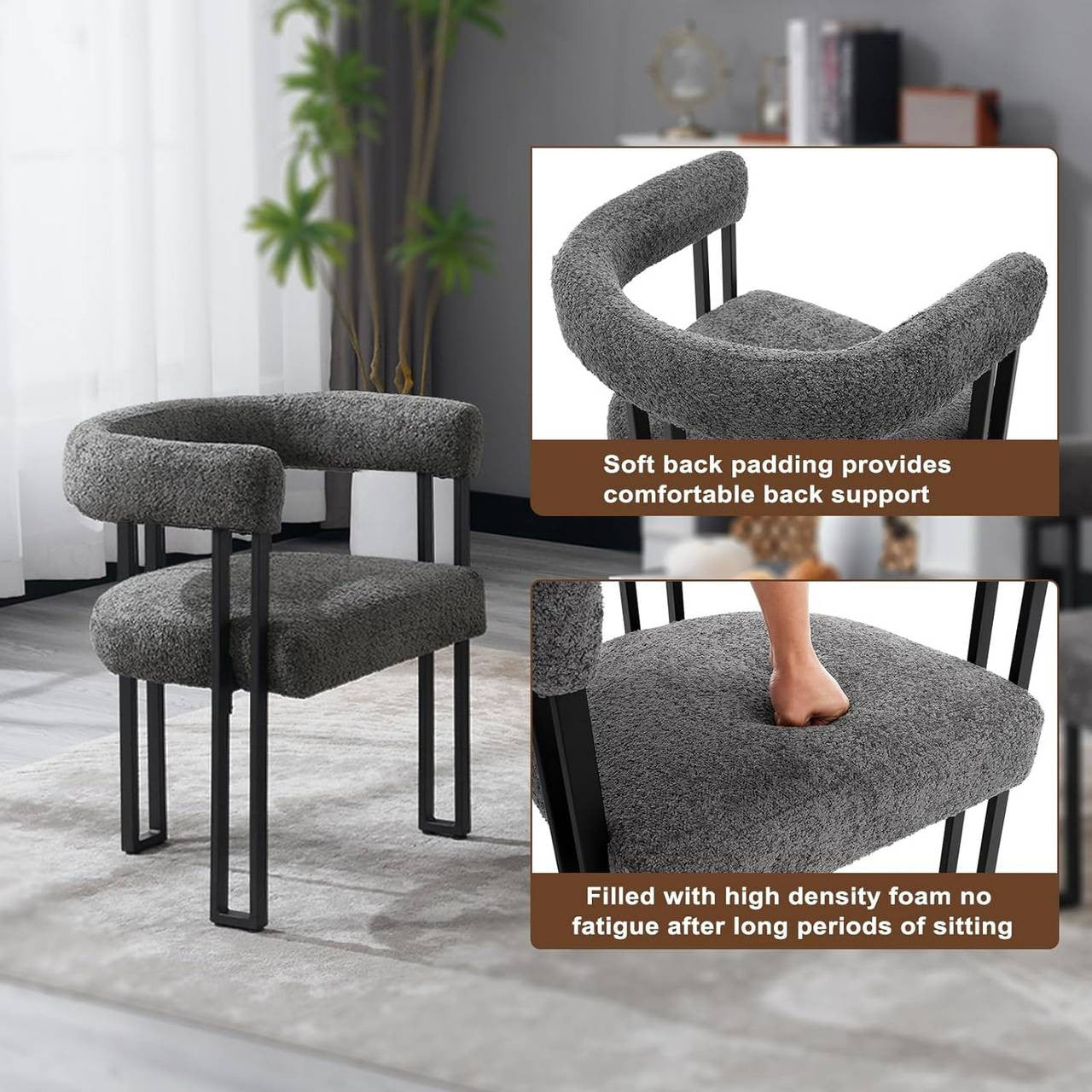 24goodz Dining Chairs with Armrests - Ergonomic Comfort - Chenille and Metal - For Home Use - Dark Grey