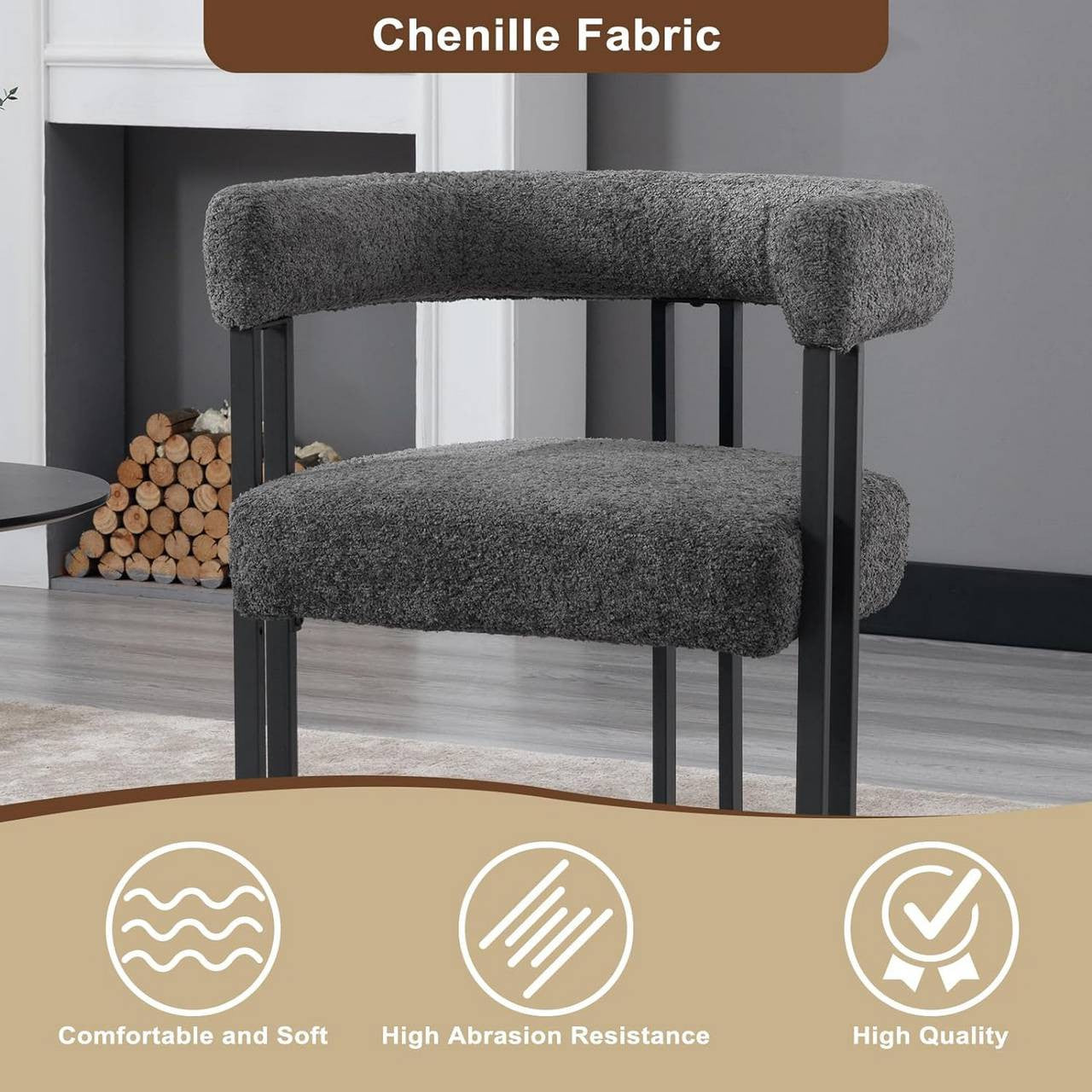 24goodz Dining Chairs with Armrests - Ergonomic Comfort - Chenille and Metal - For Home Use - Dark Grey