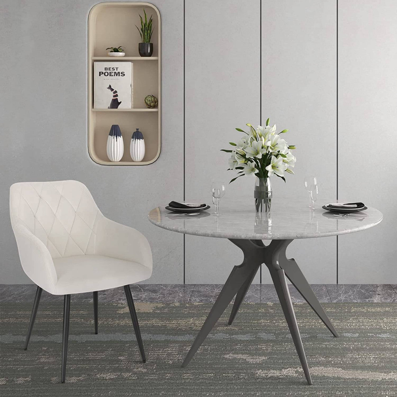 24goodz Velvet Dining Chair with Armrests - Ergonomic Comfort - Sturdy Metal Legs - Velvet - For Home Use - Cream White - cm