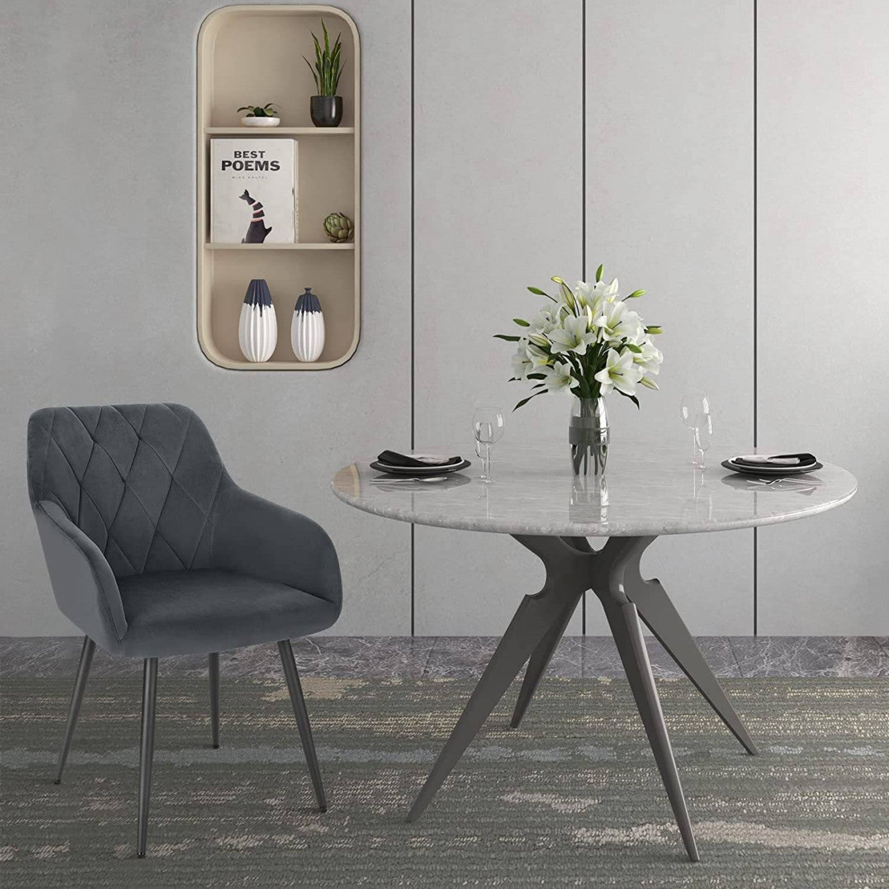 24goodz Velvet Dining Chair with Armrests - Ergonomic Comfort - Sturdy Metal Legs - Velvet - For Home Use - Dark Grey - dgr