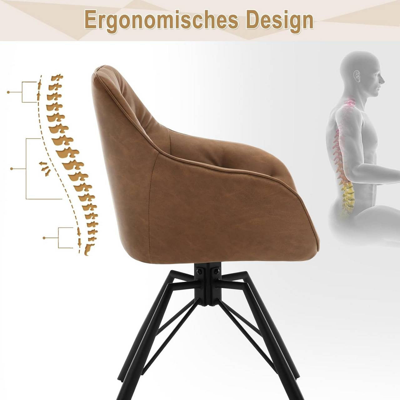 24goodz Ergonomic Dining Chair with Armrests - 360° Swivel Function - Faux Leather - For Home & Office - Light Brown