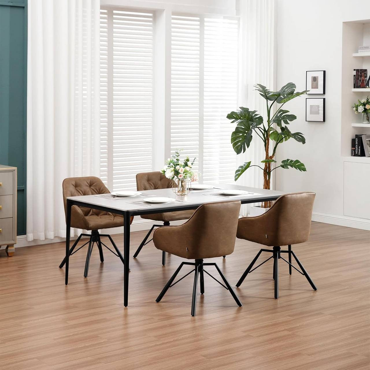 24goodz Ergonomic Dining Chair with Armrests - 360° Swivel Function - Faux Leather - For Home & Office - Light Brown