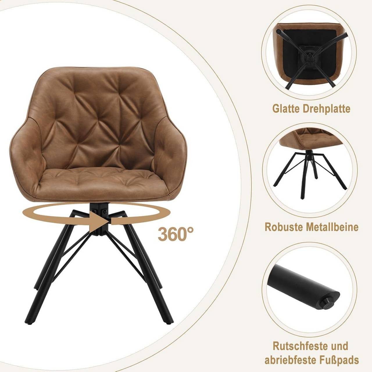 24goodz Ergonomic Dining Chair with Armrests - 360° Swivel Function - Faux Leather - For Home & Office - Light Brown