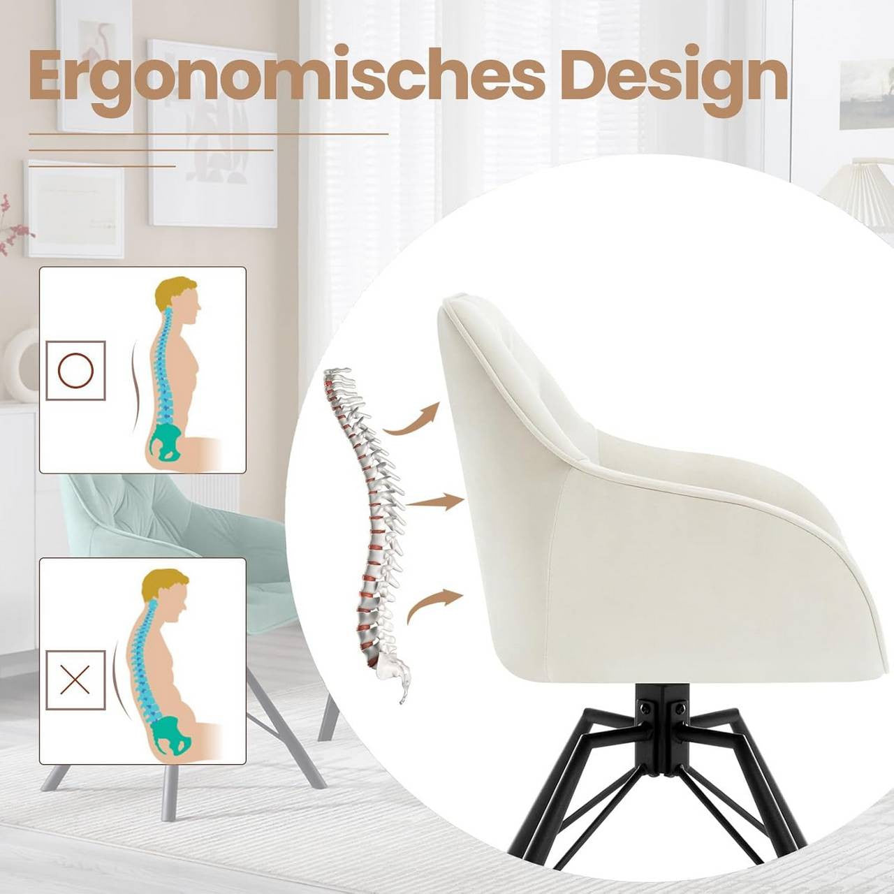 24goodz Ergonomic Dining Chair with Armrests - 360° Swivel Function - Velvet - For Home & Office - Cream