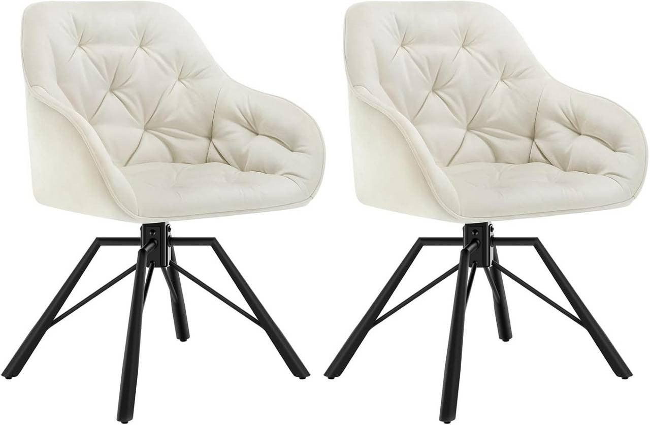24goodz Ergonomic Dining Chair with Armrests - 360° Swivel Function - Velvet - For Home & Office - Cream