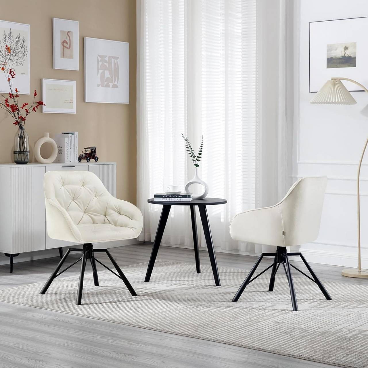 24goodz Velvet Dining Chair - Ergonomic Comfort - 360° Swivel - Velvet - For Home & Kitchen - Cream