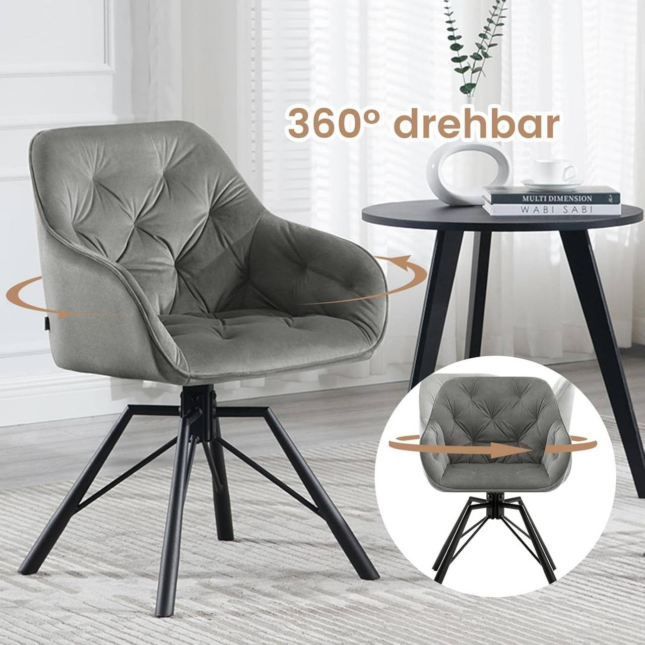 24goodz Velvet Dining Chair - Ergonomic Comfort - 360° Swivel - Velvet - For Home & Office - Dark Grey