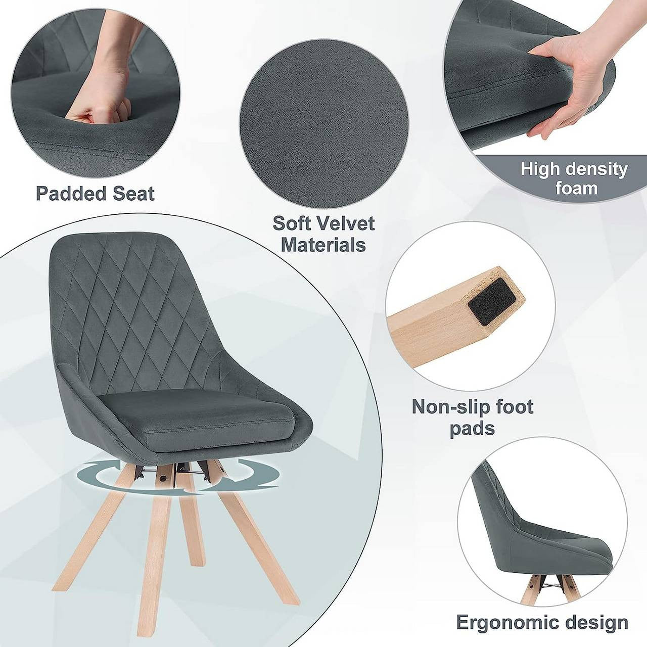 24goodz Set of 6 Dining Chairs - 360-Degree Swivel - Ergonomic Comfort - Velvet + Beech Wood - Dark Grey - dgr