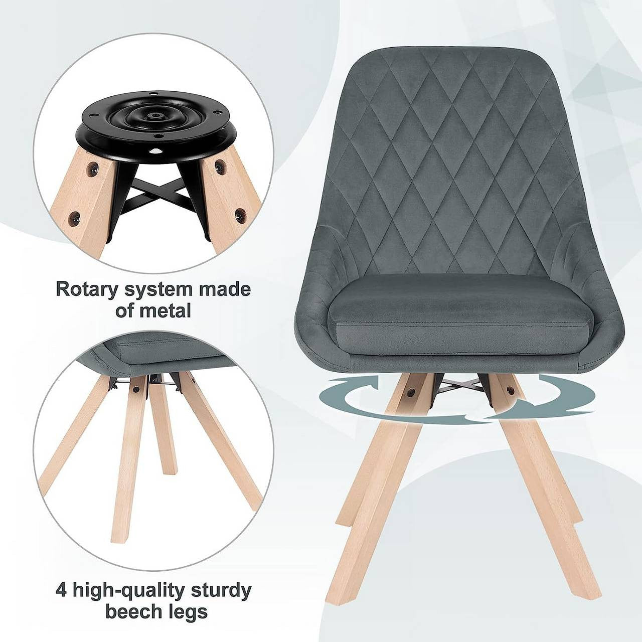 24goodz Set of 6 Dining Chairs - 360-Degree Swivel - Ergonomic Comfort - Velvet + Beech Wood - Dark Grey - dgr