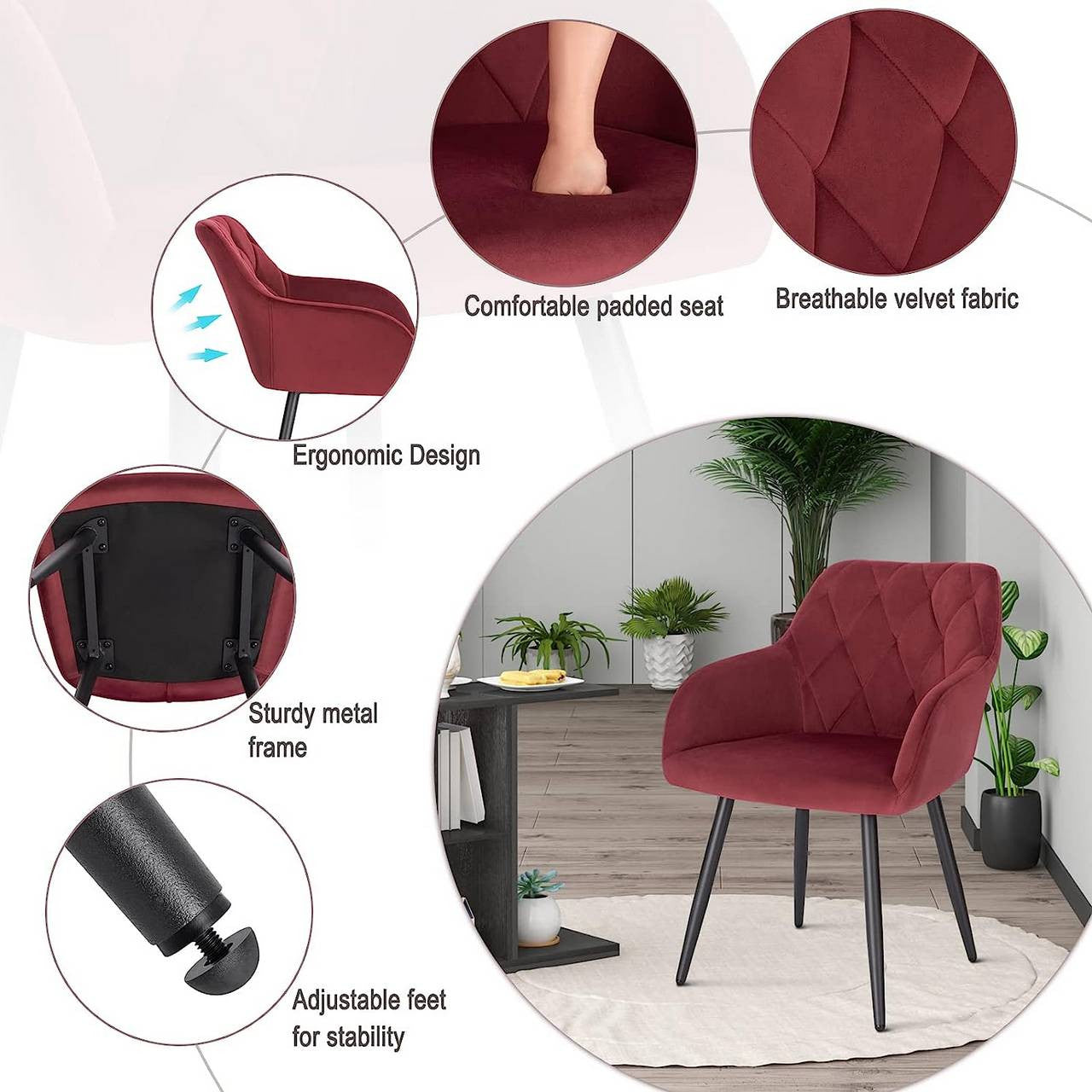 24goodz Velvet Dining Chair with Armrests - Ergonomic Comfort - Sturdy Metal Legs - Velvet - For Home & Dining - Bordeaux - bd