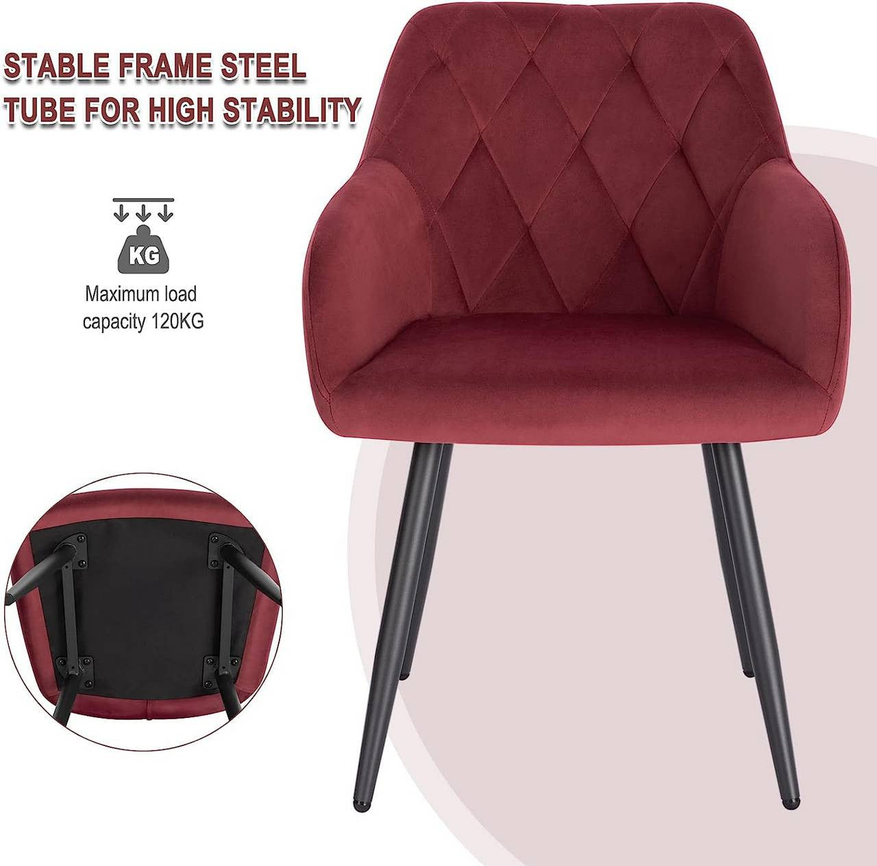 24goodz Velvet Dining Chairs with Armrests - Ergonomic Comfort - Sturdy Metal Legs - Velvet - For Dining and Living Rooms - Bordeaux - bd