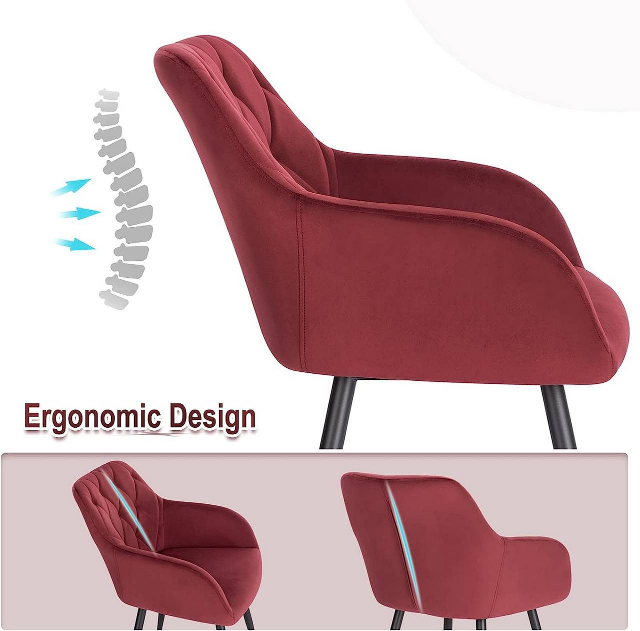 24goodz Velvet Dining Chair with Armrests - Ergonomic Comfort - Sturdy Metal Legs - Velvet - For Home Use - Bordeaux - bd