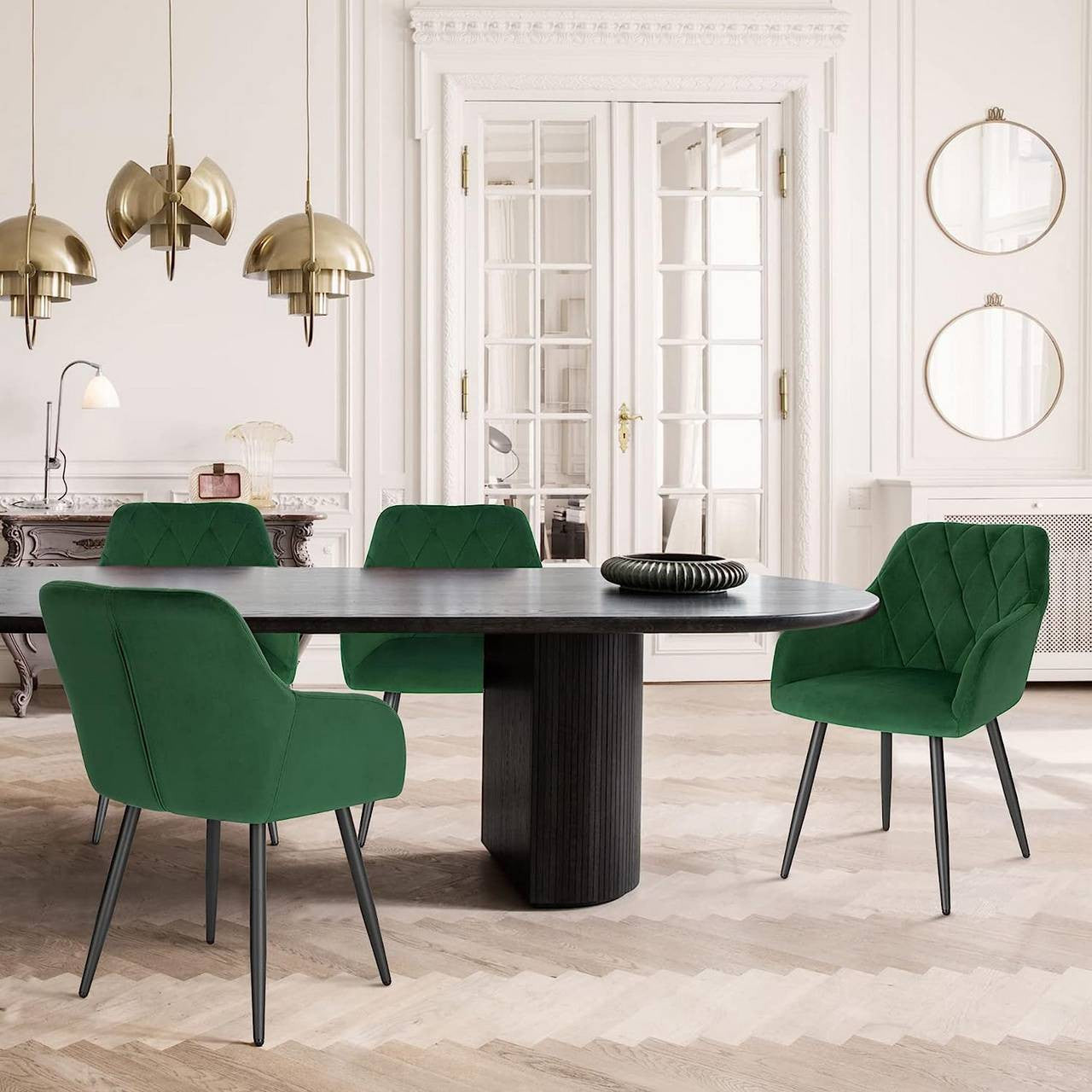 24goodz Velvet Dining Chair with Armrests - Ergonomic Comfort - Versatile Design - Velvet + Metal - Dark Green - dgn