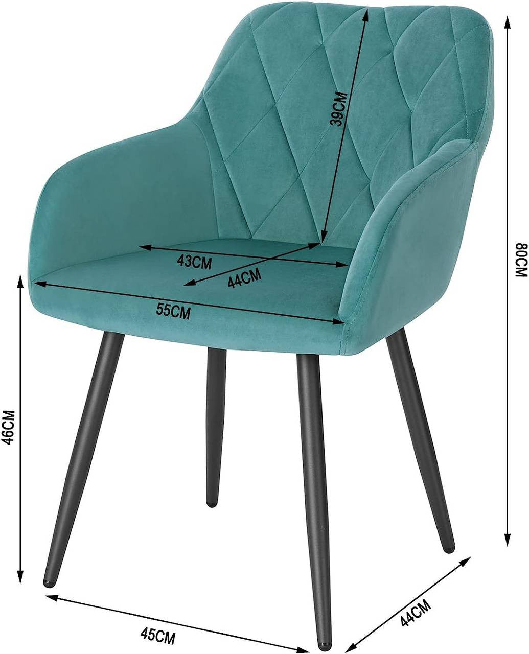 24goodz Velvet Dining Chair with Armrests - Ergonomic Comfort - Sturdy Metal Frame - For Home Use - Teal