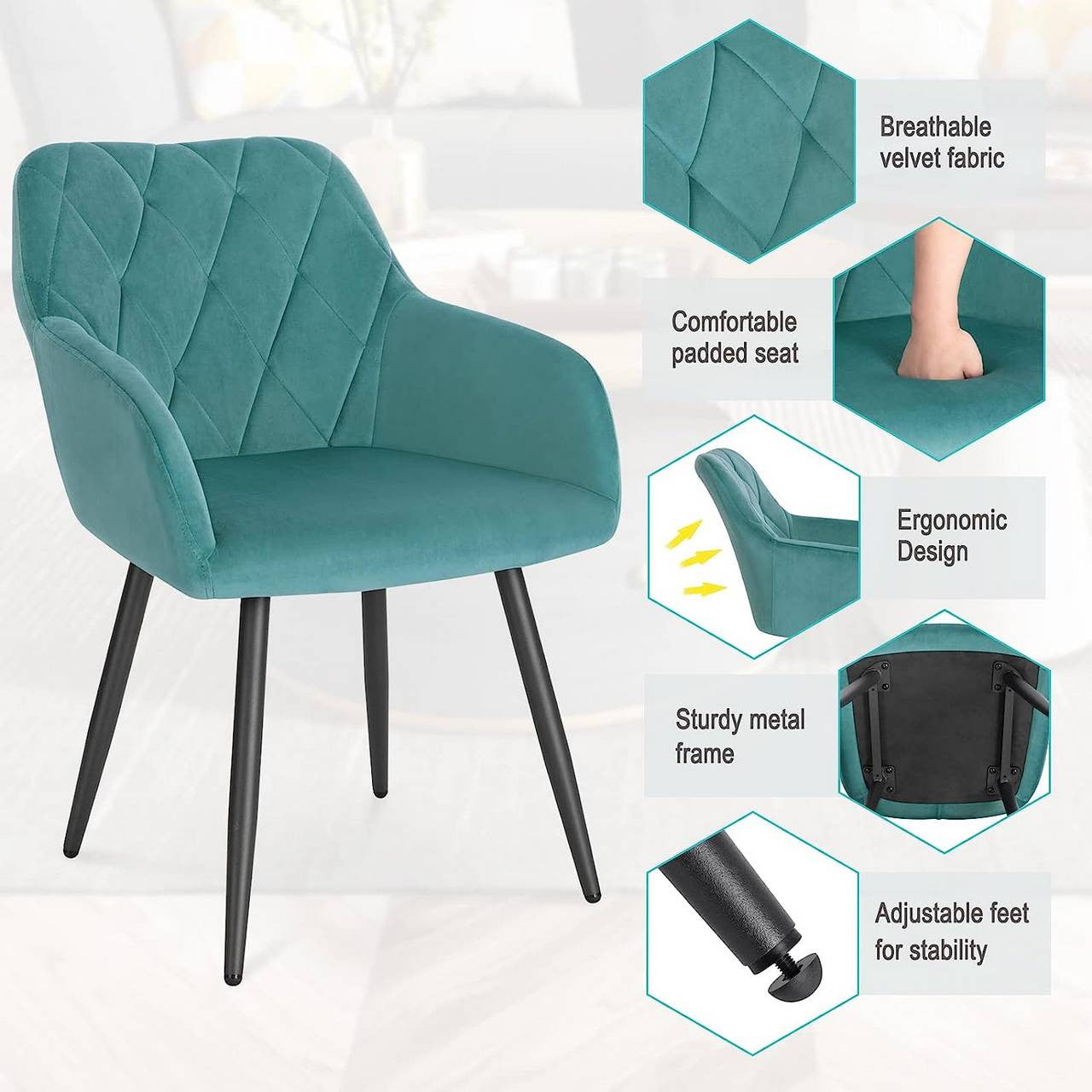 24goodz Velvet Dining Chair with Armrests - Ergonomic Comfort - Sturdy Metal Frame - Velvet - For Dining and Living Rooms - Grey