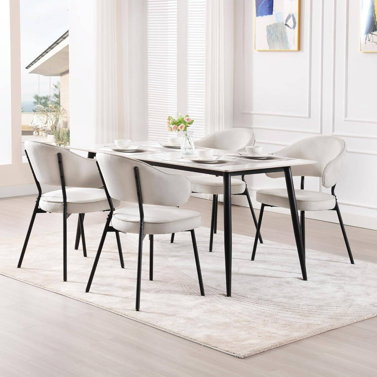 24goodz Velvet Dining Chair Set of 4 - Ergonomic Comfort - Sturdy Metal Legs - Velvet - For Dining Rooms - Cream