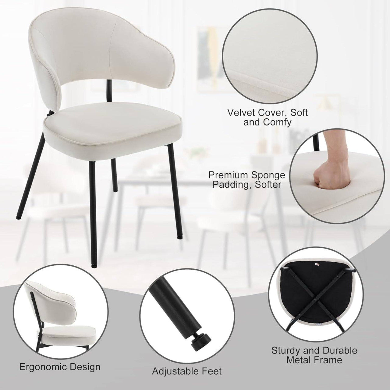 24goodz Velvet Dining Chair Set - Ergonomic Comfort - Robust Metal Frame - Velvet - For Every Room - Cream