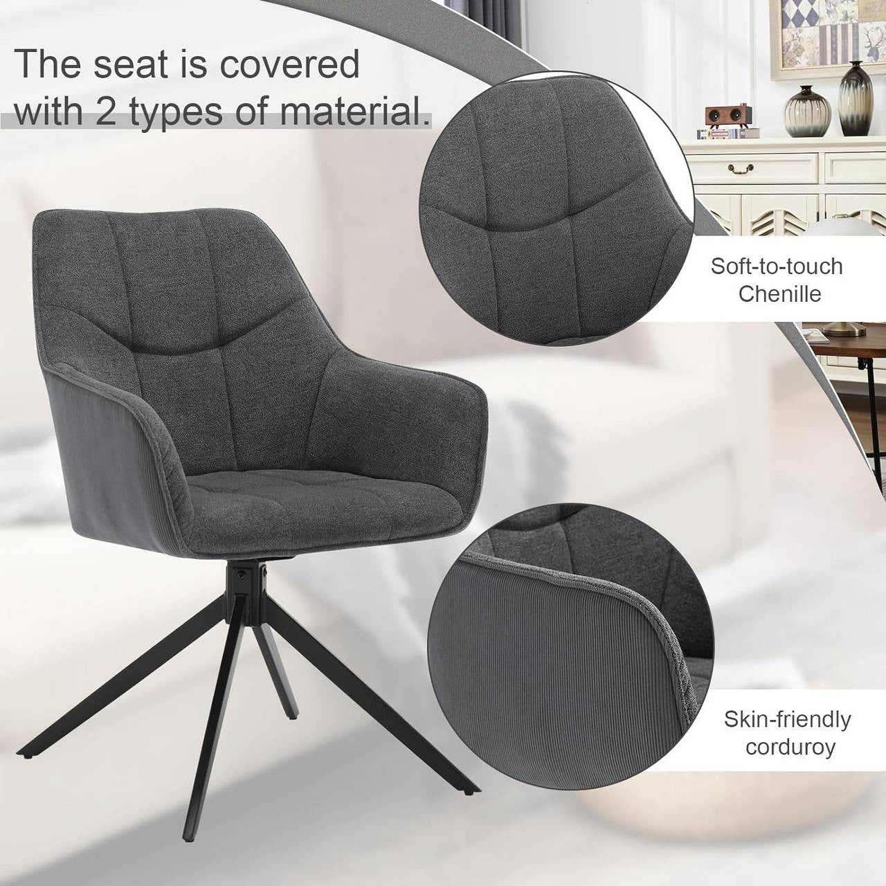 24goodz Rotating Dining Chair Set of 2 - Ergonomic Comfort - Durable Metal Legs - Chenille & Corduroy - Dark Grey