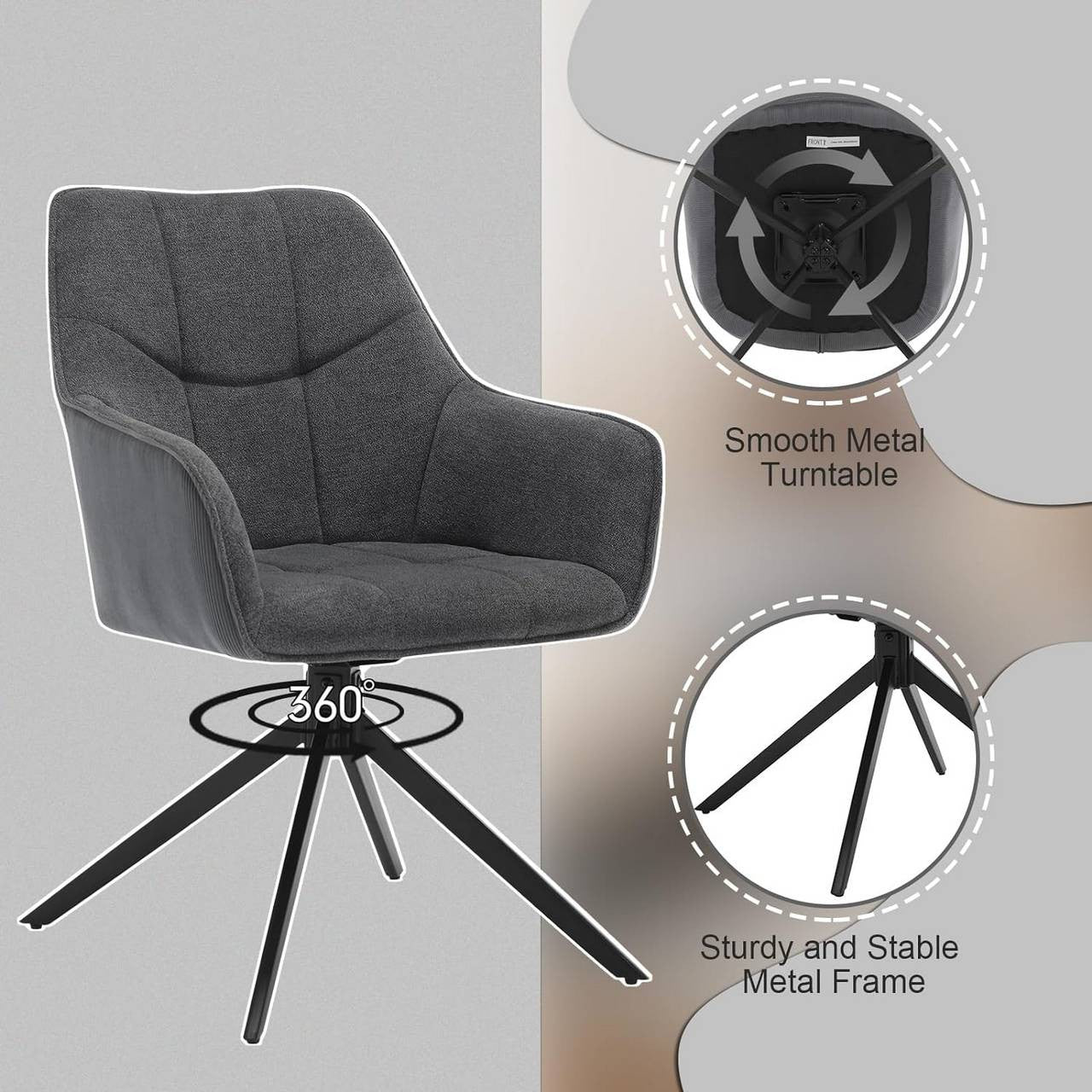 24goodz Rotating Dining Chair Set of 2 - Ergonomic Comfort - Durable Metal Legs - Chenille & Corduroy - Dark Grey