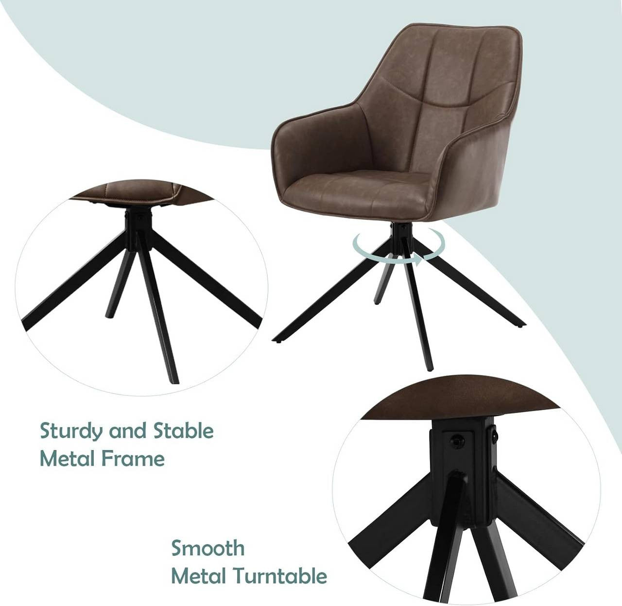 24goodz Swivel Dining Chair Set of 2 - Ergonomic Comfort - Durable Metal Legs - Vintage Faux Leather - Brown