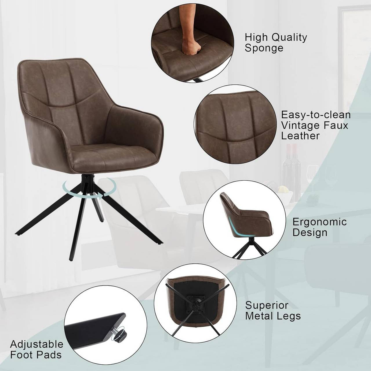 24goodz Swivel Dining Chair Set of 4 - Ergonomic Comfort - Durable Metal Legs - Vintage Faux Leather - Brown