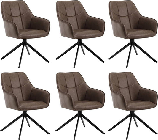 24goodz Swivel Dining Chair Set of 6 - 360° Rotatable - Ergonomically Padded - Vintage Faux Leather - Brown