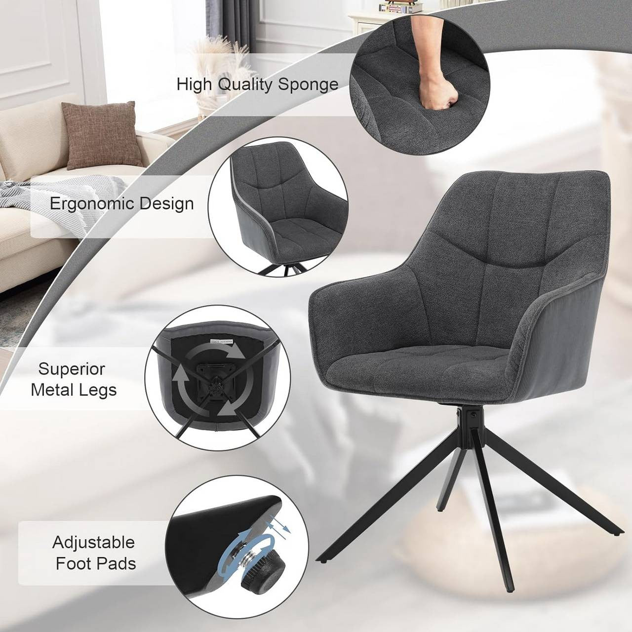 24goodz Swivel Dining Chair - 360° Rotatable - Ergonomic Comfort - Chenille & Cord - Dark Grey
