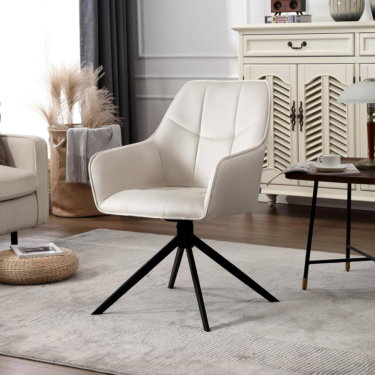 24goodz Swivel Dining Chair - 360° Rotatable - Ergonomically Padded - Velvet & Metal - Cream - 58 x 86 x 63.5 cm